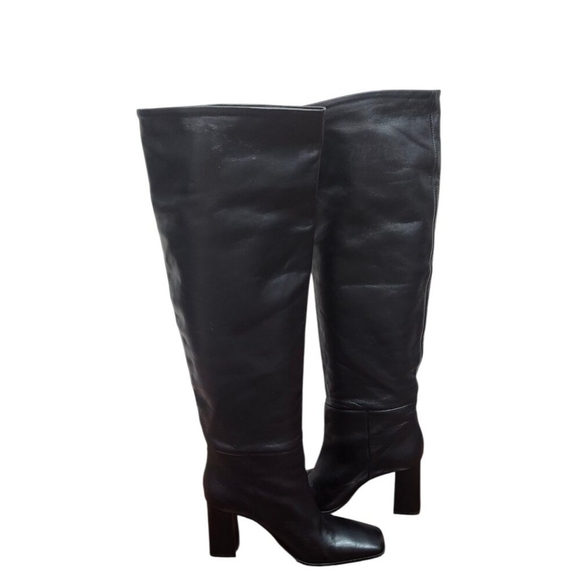 Zara Women's Black Leather Knee High Boots Pointed Toe Block Heel Size EU 38 - Picture 7 of 16